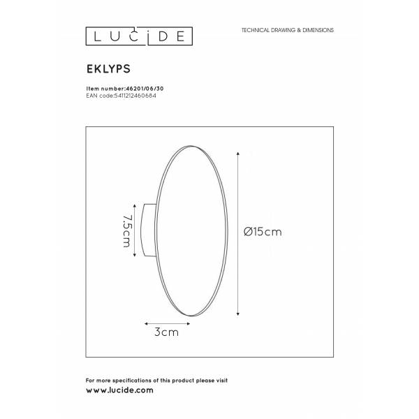 Lucide EKLYPS LED - Wandlamp - Ø 15 cm - LED - 1x7W 3000K - Zwart Lucide