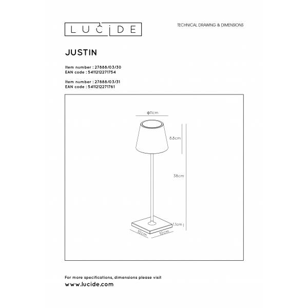 Lucide JUSTIN - Tafellamp Buiten - Ø 11 cm - LED Dimb. - 1x2,2W 3000K - IP54 - Zwart Lucide