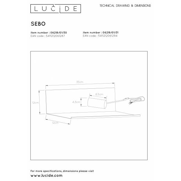 Lucide SEBO - Bedlamp - 1xE27 - Wit Lucide