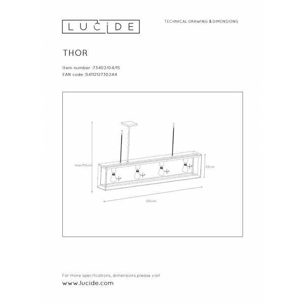 Lucide THOR - Hanglamp - 4xE27 - Grijs ijzer Lucide