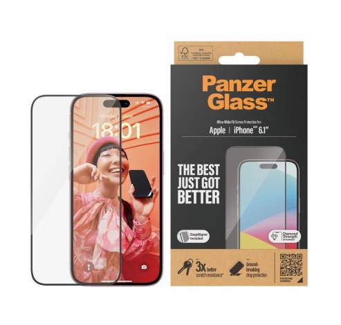 2809 Screenprotector iPhone 15 | Ultrabrede pasvorm w. EasyAligner  PanzerGlass