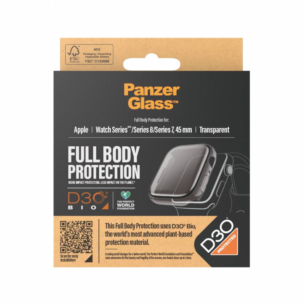 PanzerGlass Screenprotector 3687 Screenprotector Full Body Apple Watch Series 9 met D3O | 45 mm | Transparant