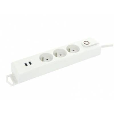 Prise 3 voies + interrupteur 2x USB 1,5m Blanc  Profile