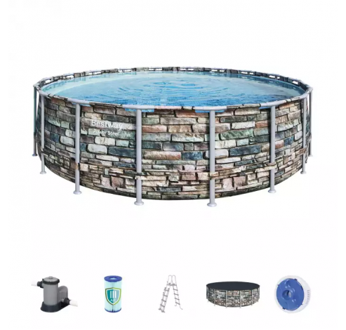 Power Steel™ complete set bovengronds zwembad met filterpomp Ø 549 x 132 cm stenen muur look (natuursteen), rond  Bestway