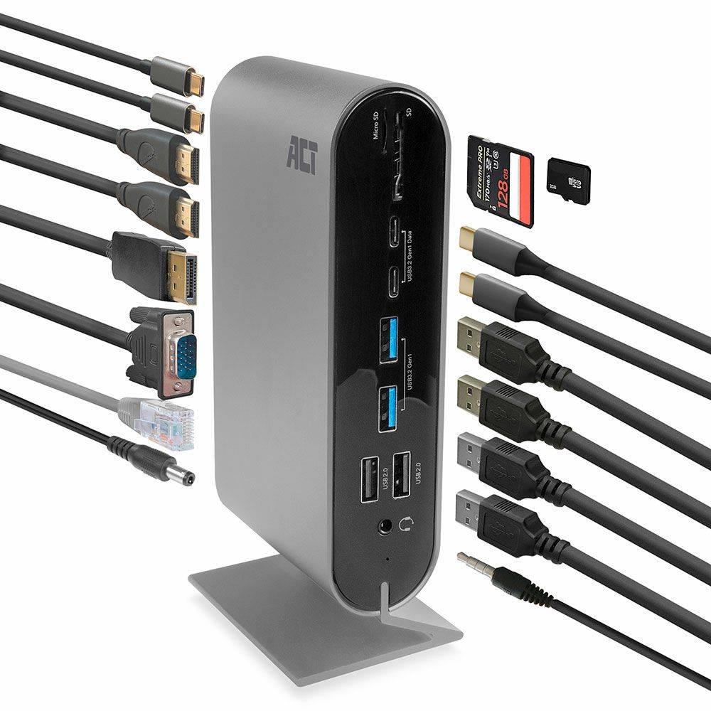 Act Docking Station PC USB-C dockingstation 2 monitoren, HDMI, DisplayPort, VGA met USB-hub, Ethernet, kaartlezer en audio