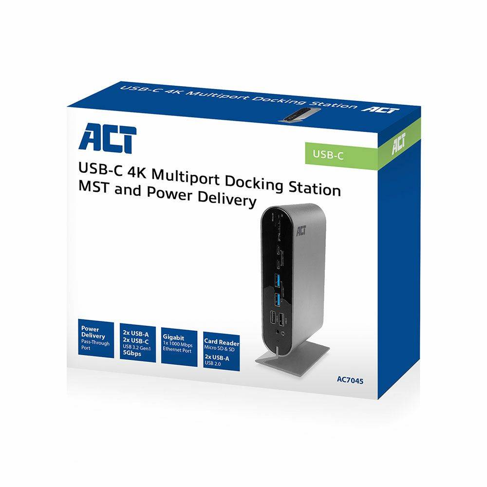 Act Docking Station PC USB-C dockingstation 2 monitoren, HDMI, DisplayPort, VGA met USB-hub, Ethernet, kaartlezer en audio