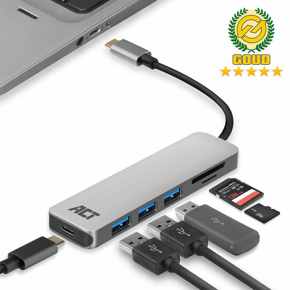 Act USB hub USB-C Hub 3-poort met kaartlezer en PD-doorvoer