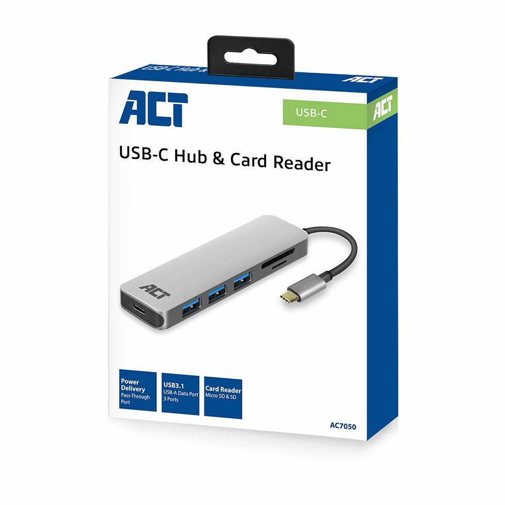Act USB hub USB-C Hub 3-poort met kaartlezer en PD-doorvoer