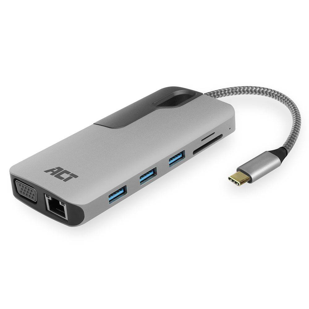 Act USB-kabel USB-C naar HDMI of VGA multiport adapter met ethernet, USB hub, cardreader, audio en PD pass through