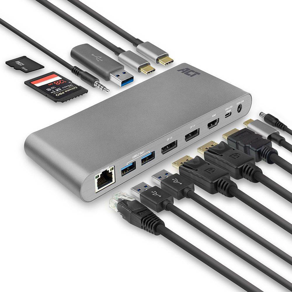 USB-C dockingstation 3 monitoren HDMI, DisplayPort, met ethernet, USB-hub, kaartlezer en audio 