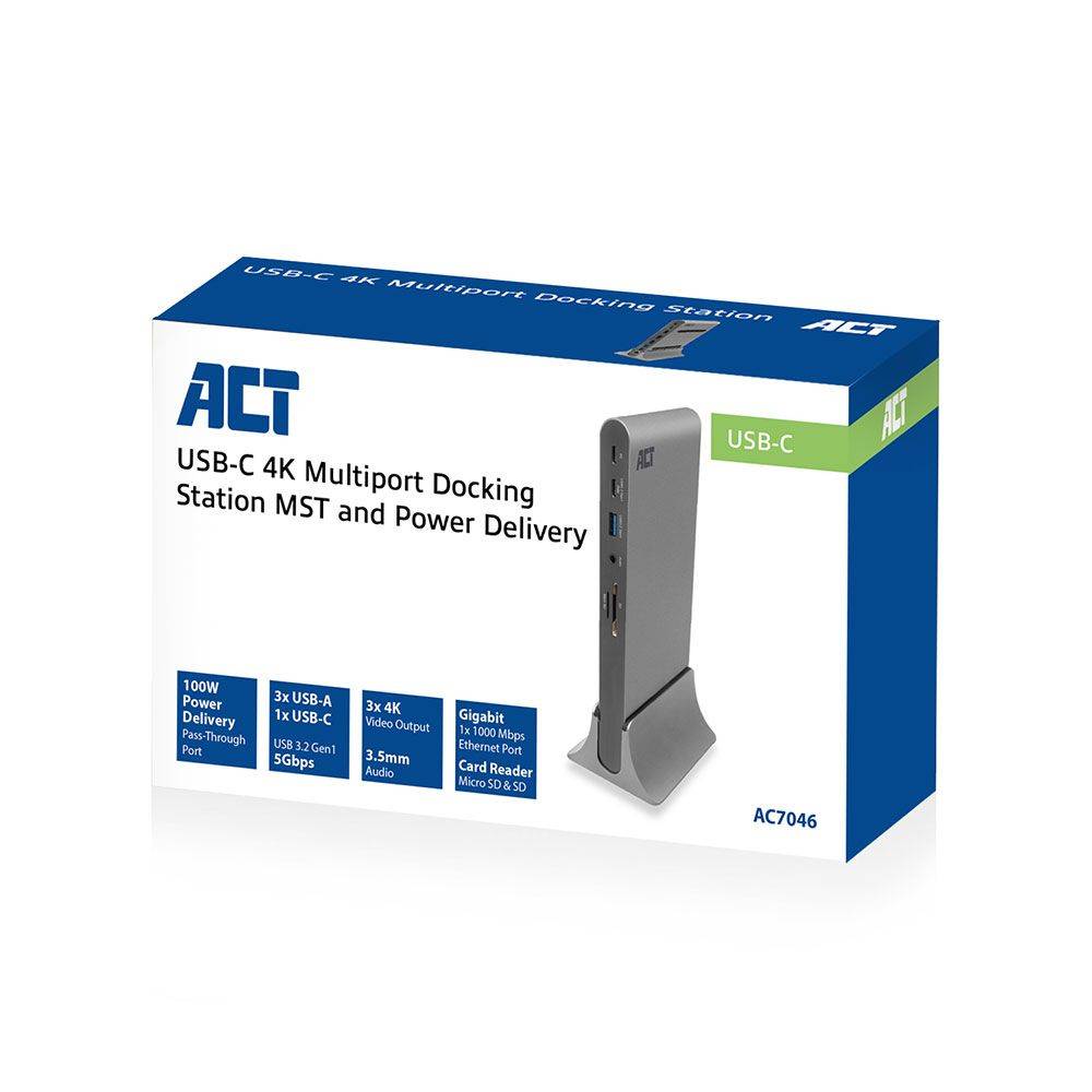 Act Docking Station PC USB-C dockingstation 3 monitoren HDMI, DisplayPort, met ethernet, USB-hub, kaartlezer en audio