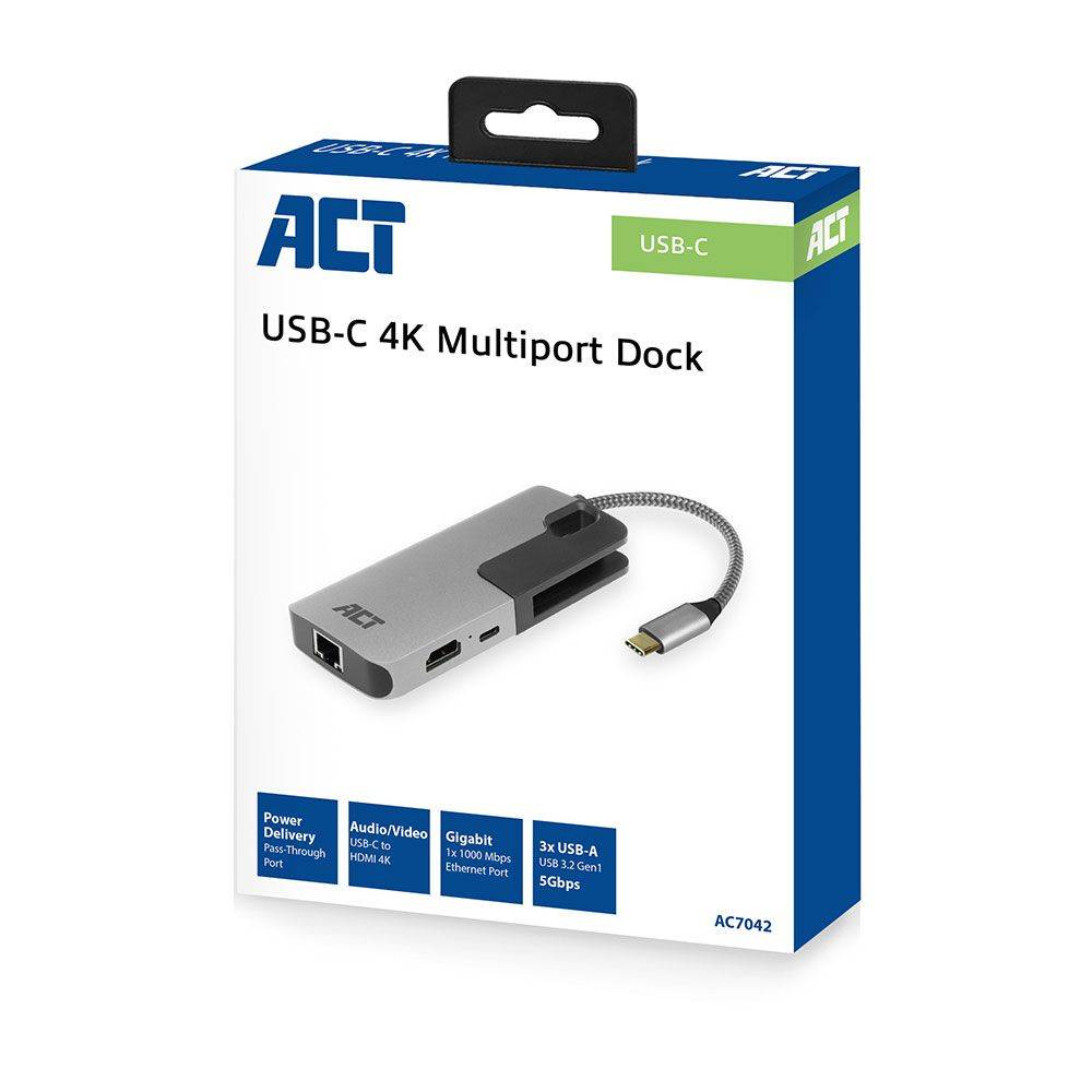 Act Docking Station PC USB-C naar HDMI multipoortadapter met ethernet en USB-hub