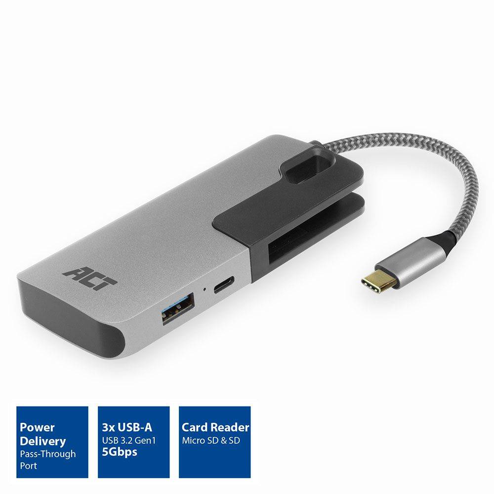 Act Adapter USB USB-C Hub 3-poort met kaartlezer en PD-doorvoer