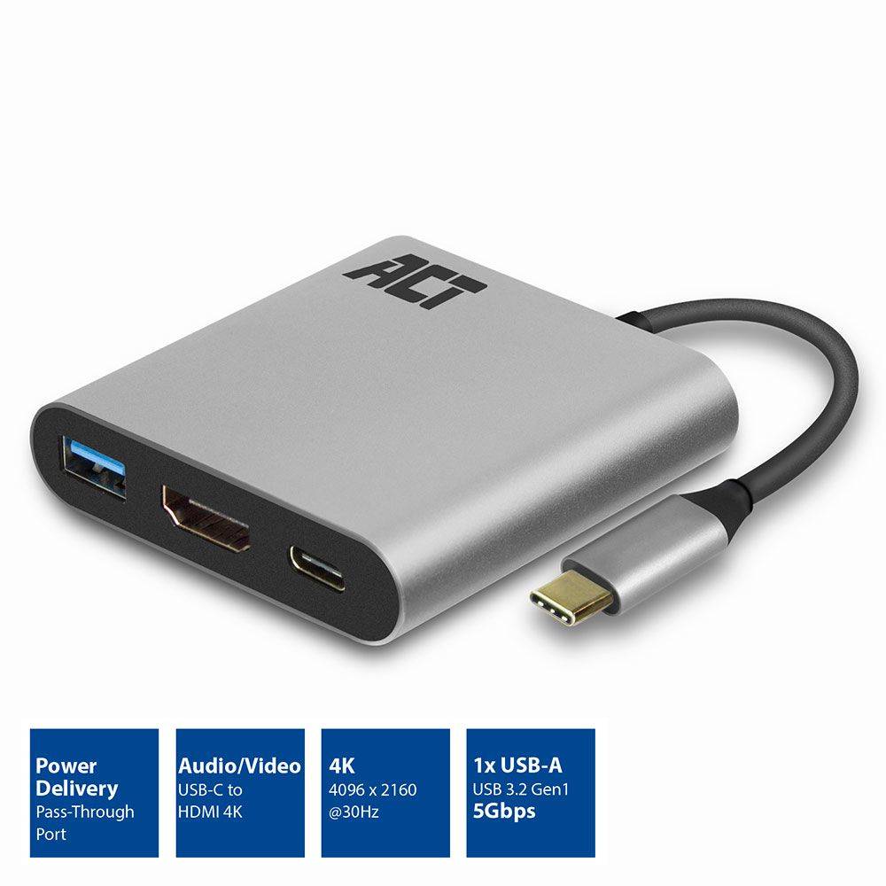 Act Adapter USB USB-C naar HDMI multipoortadapter 4K, USB-hub, PD-doorvoer