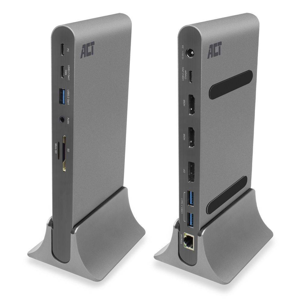 Act Docking Station PC USB-C-dockingstation voor 3 monitoren, HDMI, DisplayPort, met ethernet, USB-hub, kaartlezer en audio