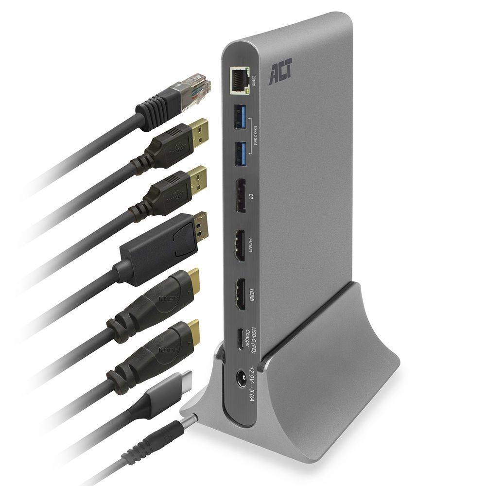 Act Docking Station PC USB-C-dockingstation voor 3 monitoren, HDMI, DisplayPort, met ethernet, USB-hub, kaartlezer en audio
