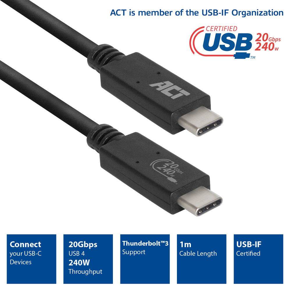 Act USB-kabel USB4® 20Gbps aansluitkabel C male - C male 1 meter USB-IF gecertificeerd