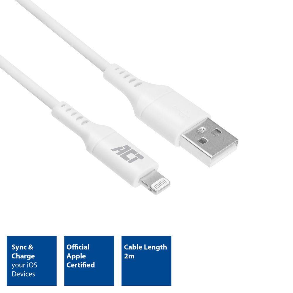 Act USB-kabel AC3012 USB-A naar Lightning laad- en datakabel 2 meter, MFI gecertificeerd Wit