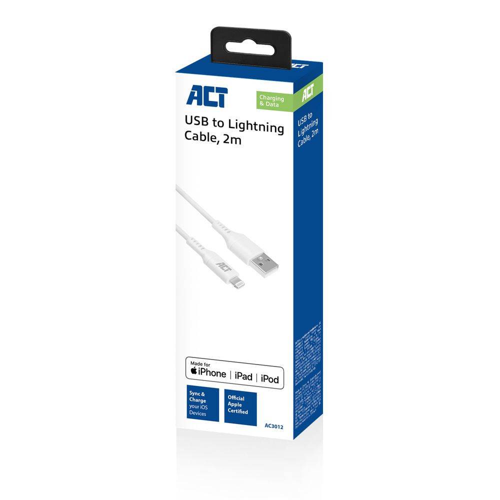 Act USB-kabel AC3012 USB-A naar Lightning laad- en datakabel 2 meter, MFI gecertificeerd Wit