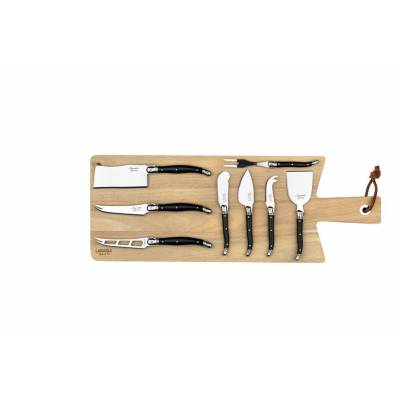 Premium Line Set Couteaux Fromage 8pcs Noir Avec Planche A Servir Hevea 