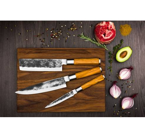 Olive Set De Couteaux 3pcs - Couteau Chef + Couperet + Couteau Menager  Forged